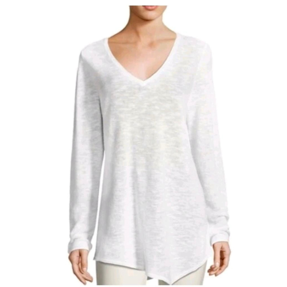 Eileen Fisher White Organic Linen Cotton Long Sleeve V-Neck Top XL natural fiber